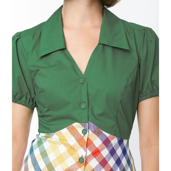 Unique Vintage Smak Parlour 1970s Green & Rainbow Gingham Mini Shirt Dress XS - Picture 3 of 11